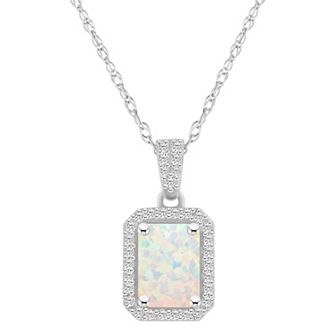 Celebration Gems 10k White Gold Emerald Cut Gemstone & Lab-Created White Sapphire Halo Pendant Necklace