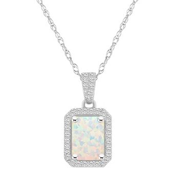 Celebration Gems 10k White Gold Emerald Cut Gemstone & Lab-Created White Sapphire Halo Pendant Necklace