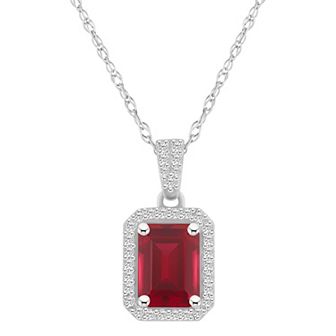 Celebration Gems 10k White Gold Emerald Cut Gemstone & Lab-Created White Sapphire Halo Pendant Necklace