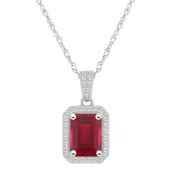 Celebration Gems 10k White Gold Emerald Cut Gemstone & Lab-Created White Sapphire Halo Pendant Necklace