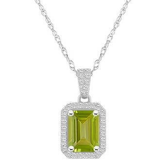 Celebration Gems 10k White Gold Emerald Cut Gemstone & Lab-Created White Sapphire Halo Pendant Necklace