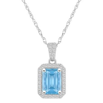 Celebration Gems 10k White Gold Emerald Cut Gemstone & Lab-Created White Sapphire Halo Pendant Necklace