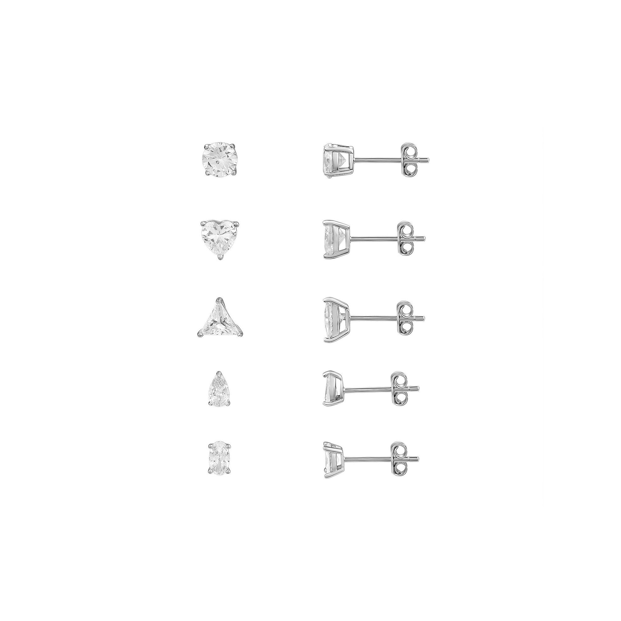 PRIMROSE Sterling Silver Cubic Zirconia 5-Pair Stud Earring Set, Womens, S