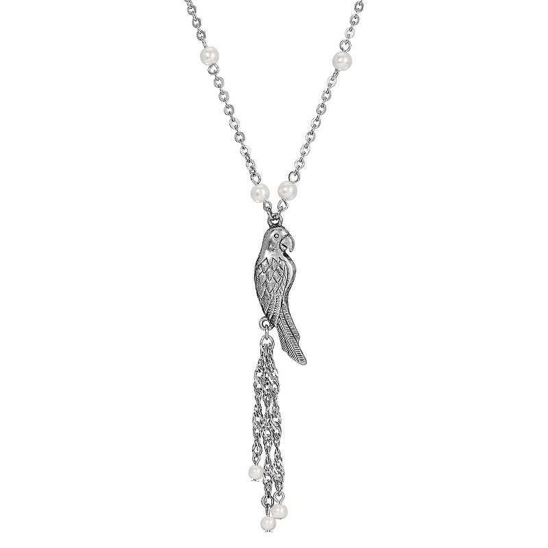 1928 Silver Tone Pewter Parrot Simulated Pearl Chain and Tassel Necklace, W