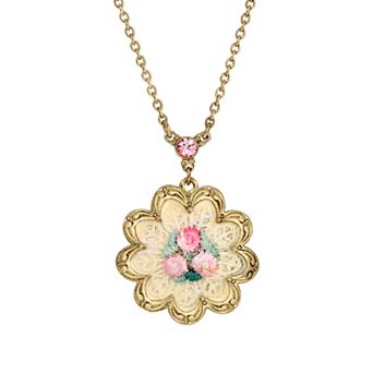 1928 White and Pink Knit Flower Pendant Necklace