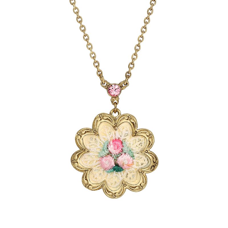 1928 White and Pink Knit Flower Pendant Necklace, Womens