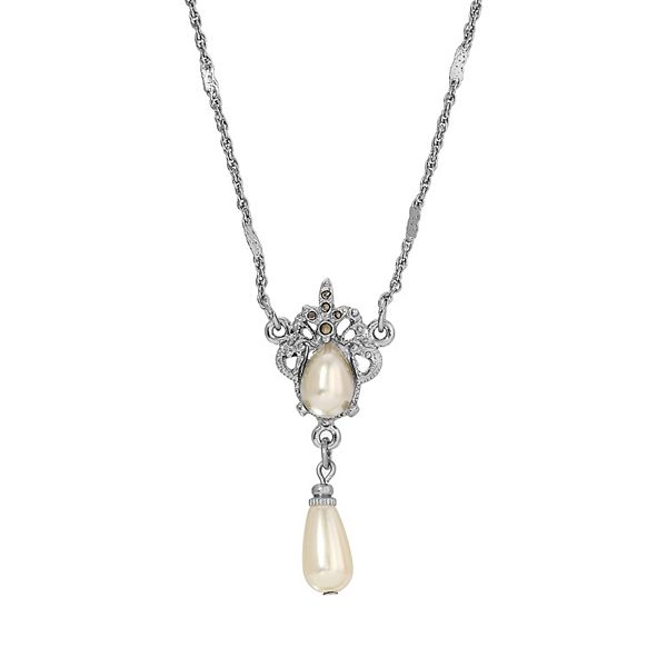1928 Silver Tone Simulated Pearl & Simulated Marcasite Drop Necklace