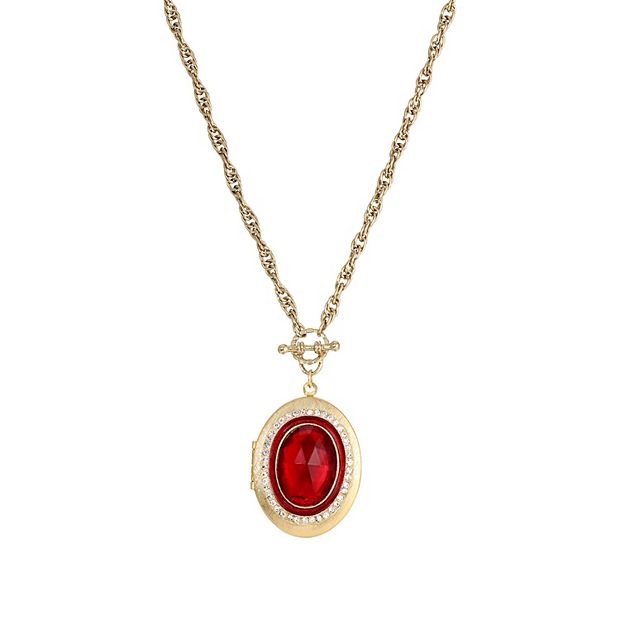 1928 Gold Tone Red Stone and Simulated Crystal Accent Oval Locket