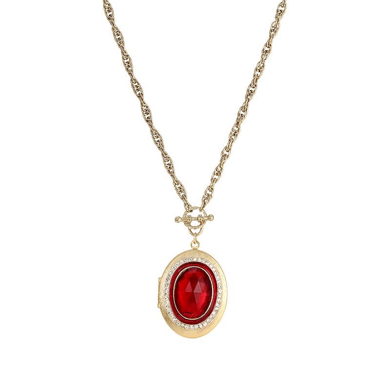 1928 Gold Tone Red Stone and Simulated Crystal Accent Oval Locket Necklace,
