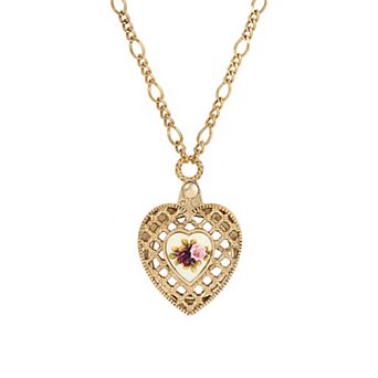 1928 Pink Flower Decal Heart Pendant Necklace