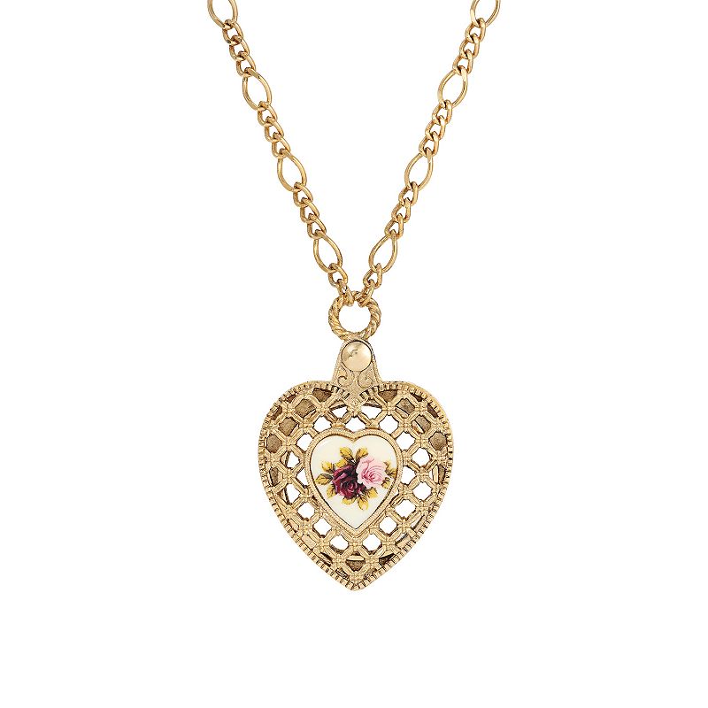1928 Pink Flower Decal Heart Pendant Necklace, Womens