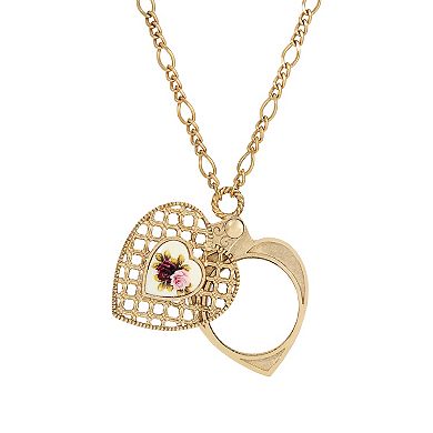 1928 Pink Flower Decal Heart Pendant Necklace
