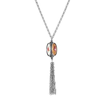 1928 3-Sided Pink Floral Decal Spinner Tassel Necklace