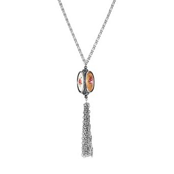 1928 3-Sided Pink Floral Decal Spinner Tassel Necklace