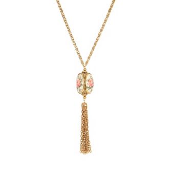 1928 3-Sided Pink Floral Decal Spinner Tassel Necklace