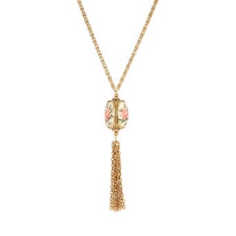 1928 3-Sided Pink Floral Decal Spinner Tassel Necklace
