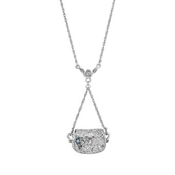 1928 Silver Tone Blue Crystal Flower Opening Purse Necklace