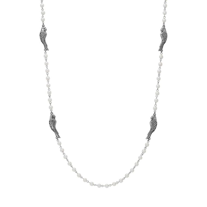 1928 Pewter Parrot Pearl Chain Necklace, Womens, White