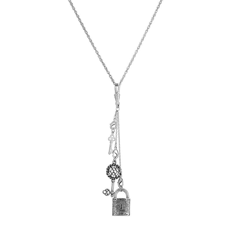 1928 Silver Tone Multi Charm Key Lock Necklace, Womens, Grey