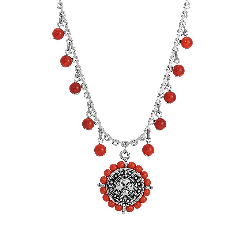 1928 Silver Tone Round Disc with Red Semi Beads Necklace, Womens