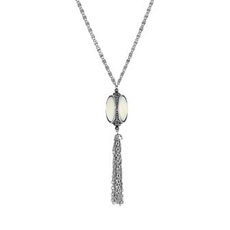 1928 Silver Tone Simulated Mother of Pearl 3 Sided Spinner Tassel Necklace