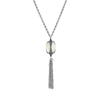 1928 Silver Tone Simulated Mother of Pearl 3 Sided Spinner Tassel Necklace