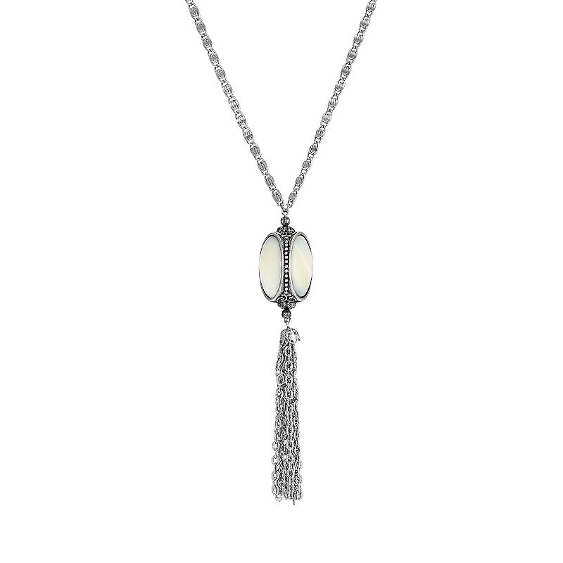 1928 Silver Tone Simulated Mother of Pearl 3 Sided Spinner Tassel Necklace,