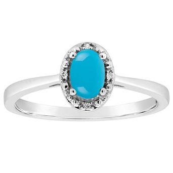 Celebration Gems Sterling Silver 6 mm x 4 mm Oval Stabilized Turquoise & Diamond Accent Halo Ring