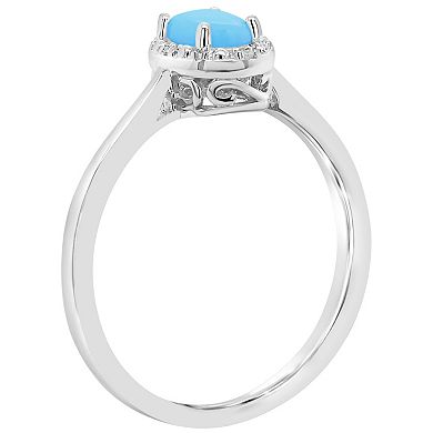 Celebration Gems Sterling Silver 6 mm x 4 mm Oval Stabilized Turquoise and Diamond Accent Halo Ring