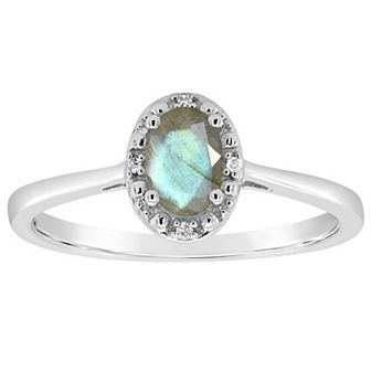 Celebration Gems Sterling Silver 6 mm x 4 mm Oval Labradorite & Diamond Accent Halo Ring