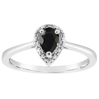 Celebration Gems Sterling Silver 6 mm x 4 mm Pear Shaped Onyx & Diamond Accent Halo Ring