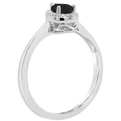 Celebration Gems Sterling Silver 6 mm x 4 mm Pear Shaped Onyx and Diamond Accent Halo Ring