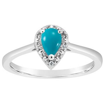 Celebration Gems Sterling Silver 6 mm x 4 mm Pear Shaped Stabilized Turquoise & Diamond Accent Halo Ring