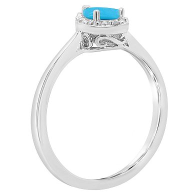 Celebration Gems Sterling Silver 6 mm x 4 mm Pear Shaped Stabilized Turquoise and Diamond Accent Halo Ring