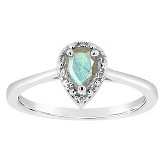 Celebration Gems Sterling Silver 6 mm x 4 mm Pear Shaped Labradorite & Diamond Accent Halo Ring