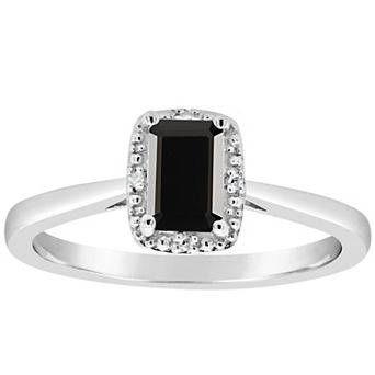 Celebration Gems Sterling Silver 6 mm x 4 mm Emerald Cut Onyx & Diamond Accent Halo Ring
