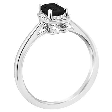 Celebration Gems Sterling Silver 6 mm x 4 mm Emerald Cut Onyx and Diamond Accent Halo Ring