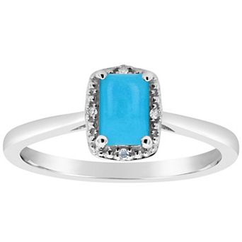 Celebration Gems Sterling Silver 6 mm x 4 mm Emerald Cut Stabilized Turquoise & Diamond Accent Halo Ring