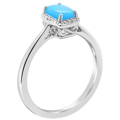 Celebration Gems Sterling Silver 6 mm x 4 mm Emerald Cut Stabilized Turquoise and Diamond Accent Halo Ring