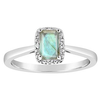 Celebration Gems Sterling Silver 6 mm x 4 mm Emerald Cut Labradorite & Diamond Accent Halo Ring