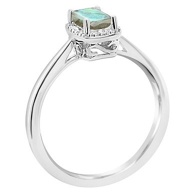 Celebration Gems Sterling Silver 6 mm x 4 mm Emerald Cut Labradorite and Diamond Accent Halo Ring