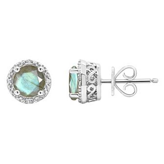 Celebration Gems Sterling Silver Round Labradorite Diamond Accent Stud Earrings