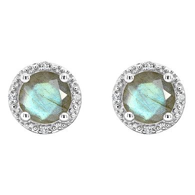 Celebration Gems Sterling Silver Round Labradorite Diamond Accent Stud Earrings