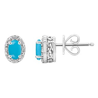 Celebration Gems Sterling Silver Oval Stabilized Turquoise & Diamond Accent Stud Earrings
