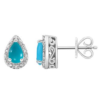 Celebration Gems Sterling Silver Pear Shaped Stabilized Turquoise & Diamond Accent Stud Earrings
