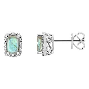 Celebration Gems Sterling Silver Emerald Cut Labradorite & Diamond Accent Stud Earrings
