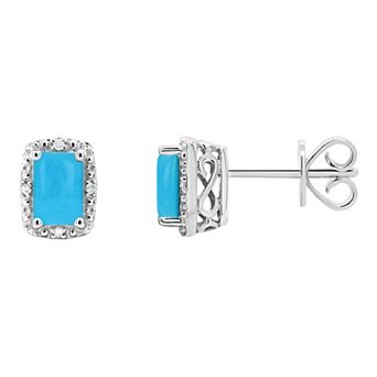 Celebration Gems Sterling Silver Emerald Cut Stabilized Turquoise & Diamond Accent Stud Earrings