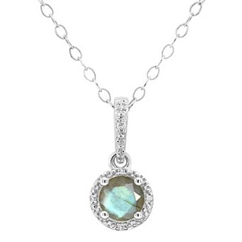 Celebration Gems Sterling Silver Round Labradorite & Diamond Accent Halo Pendant Necklace
