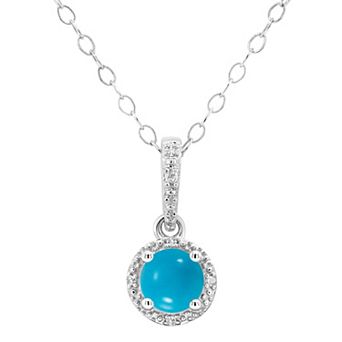 Celebration Gems Sterling Silver Round Stabilized Turquoise & Diamond Accent Halo Pendant Necklace