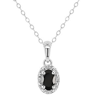 Celebration Gems Sterling Silver Oval Onyx & Diamond Accent Halo Pendant Necklace